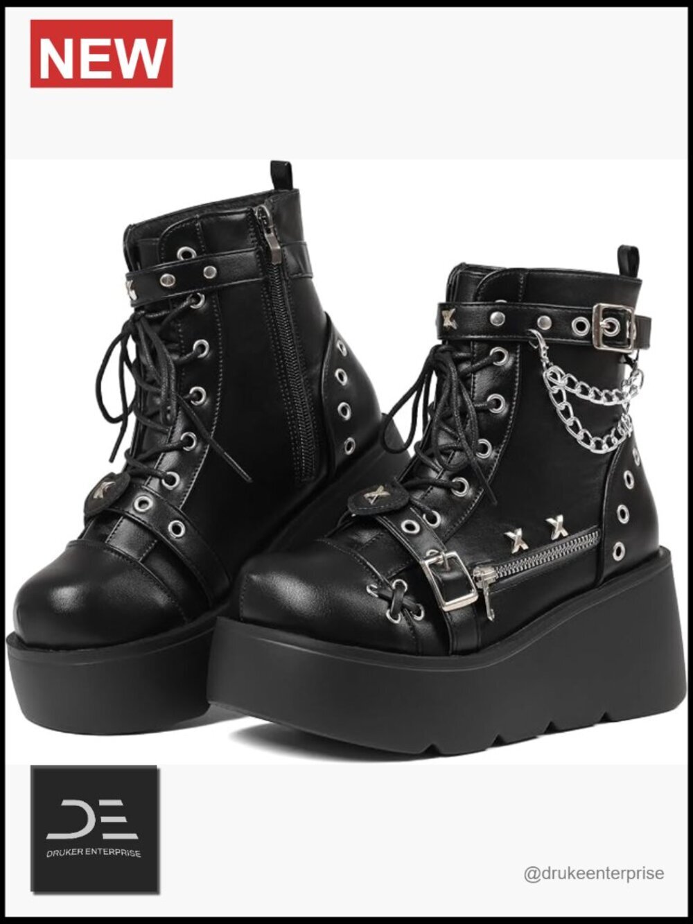 Goth Platform Boots Chunky High Heel Side Zip Wedge Buckle Combat Rave